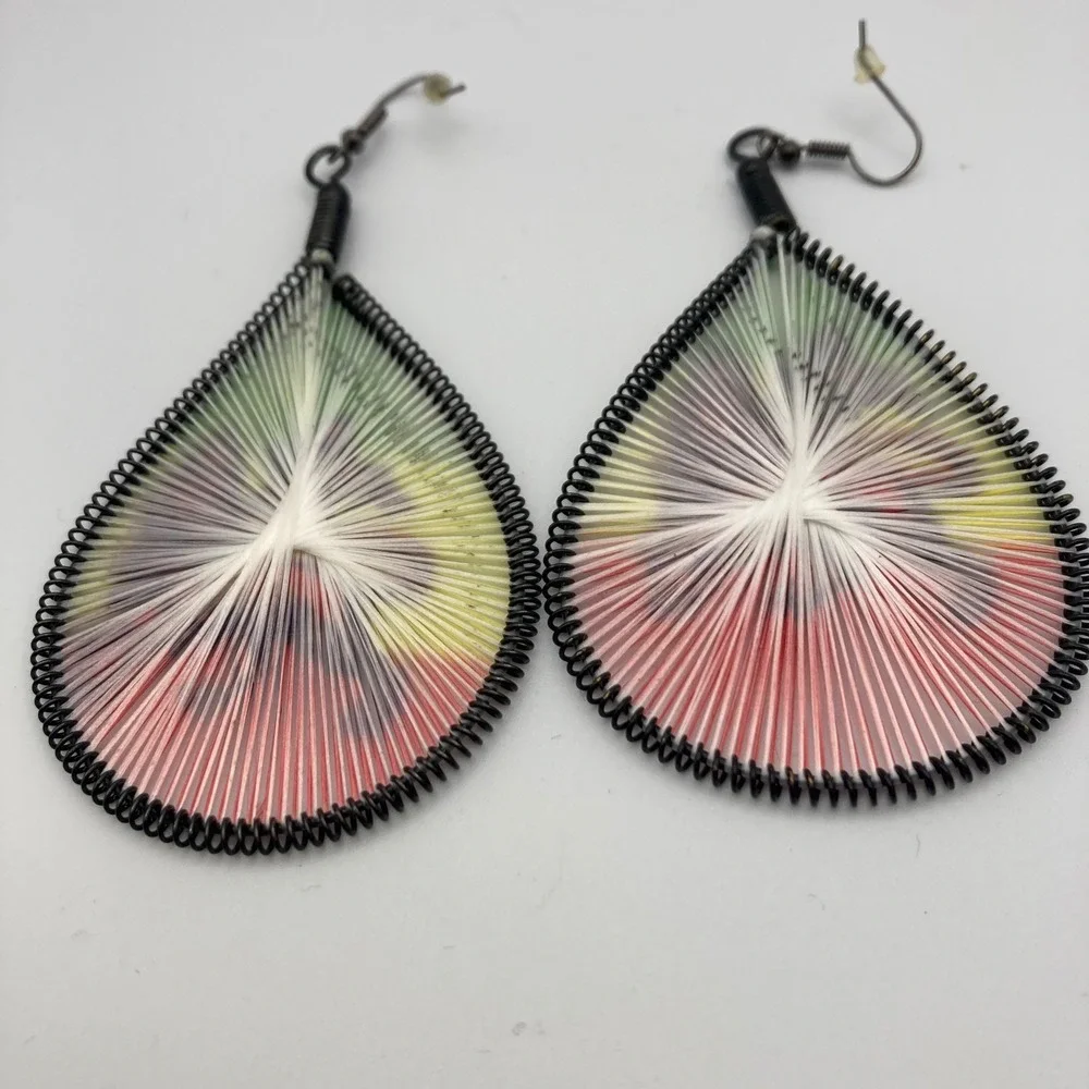 Boho Rasta String Art Teardrop Earrings Red Yellow Green Statement Dangle
